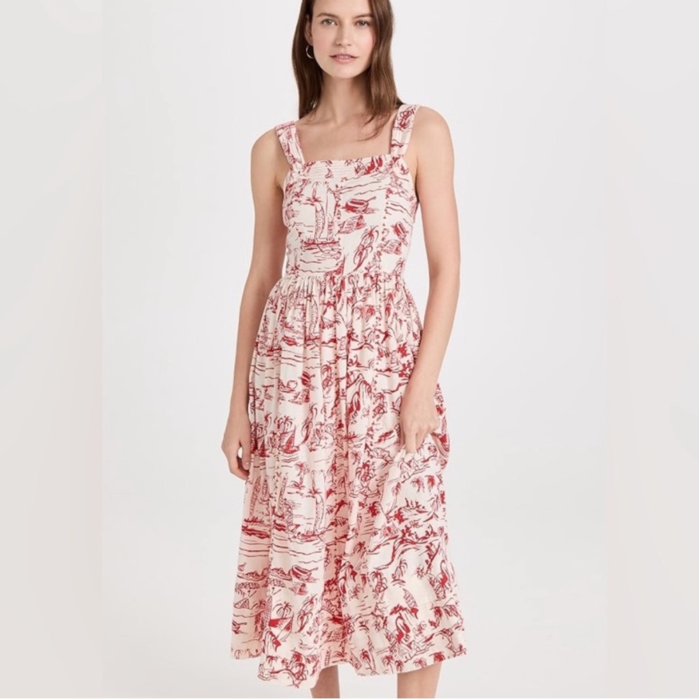 THE GREAT. The Vacation Dress Double StrapTiered Red and Cream MIdi Dress S